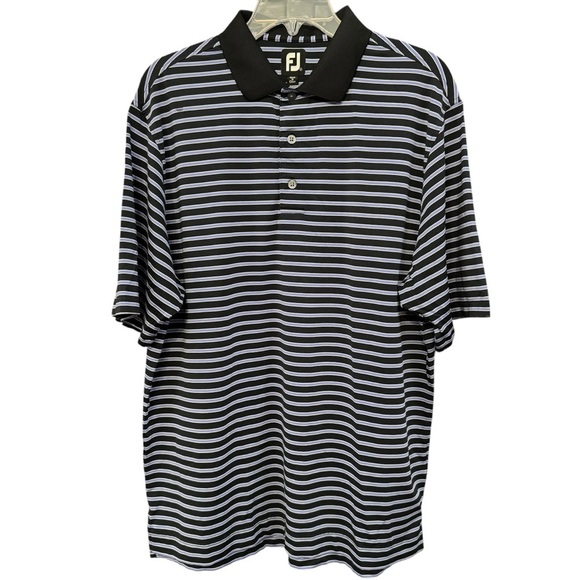 FootJoy Men’s Large Golf Polo Shirt Black Blue White Striped Stretch - Picture 1 of 6